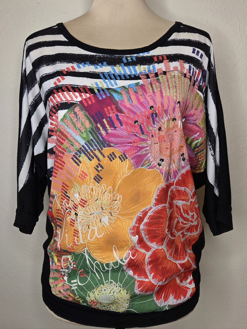 Desigual Floral Striped Beaded Dolman Sleeve Top Black Multicolor Medium Artsy